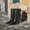 Black leather double shaft cowboy ankle boots Gired