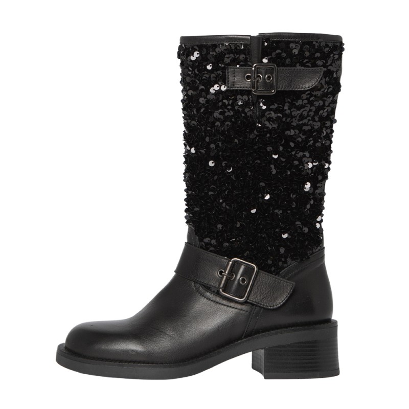 Black leather/sequins mid-calf boots Biker