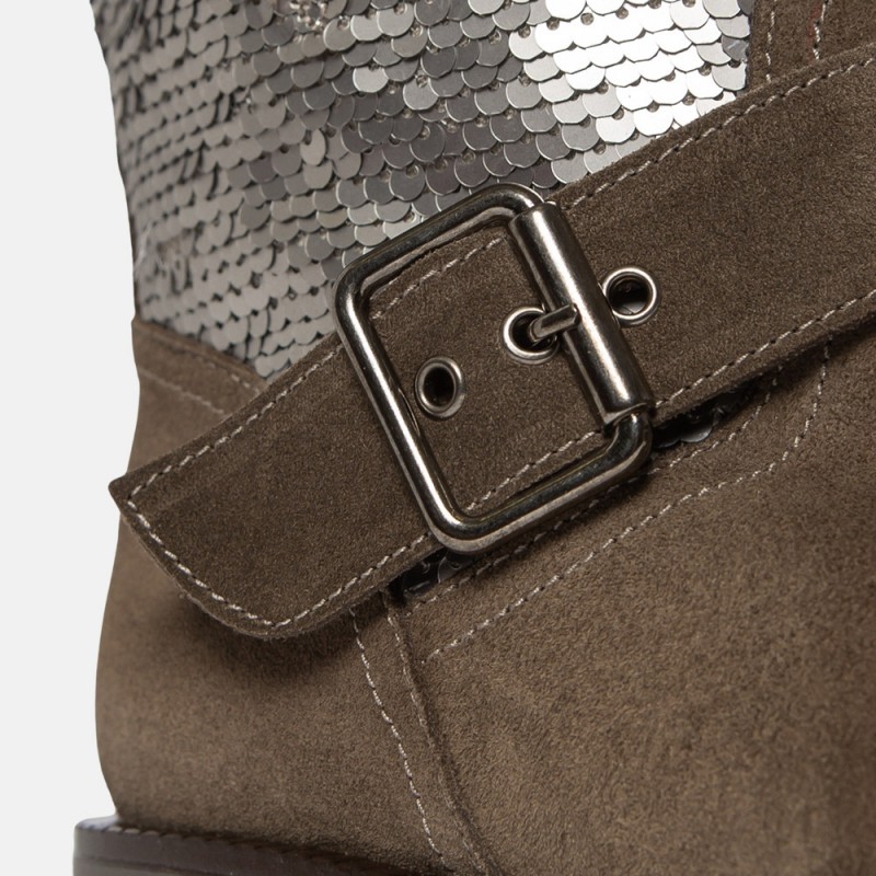 Ankle boots two buckles suede taupe and sequins Biker