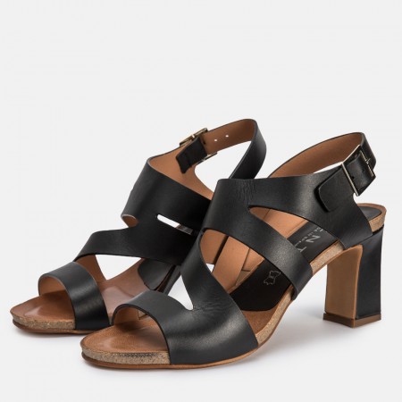 Black leather heel sandal SANTORINI