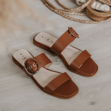 Sandale plate en cuir marron JIMENA