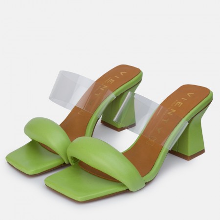 Sandale à talon deux brides en cuir vinyle vert Ani