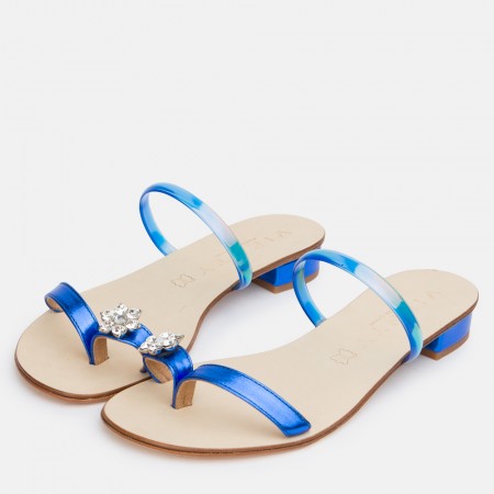 Sandale plate à bout fleur en vinyle bleu Emily