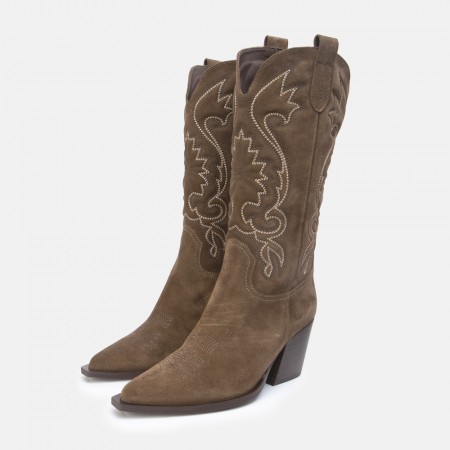 Given suede taupe suede embroidered cowboy boots