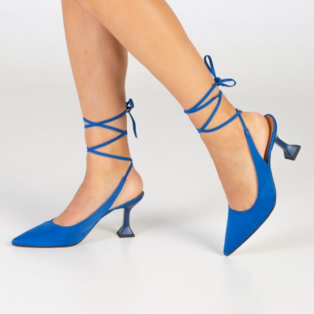 Zapatos de salón destalonado cordones raso azul Gabriele