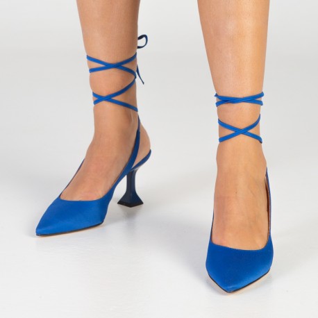 Zapatos de salón destalonado cordones raso azul Gabriele