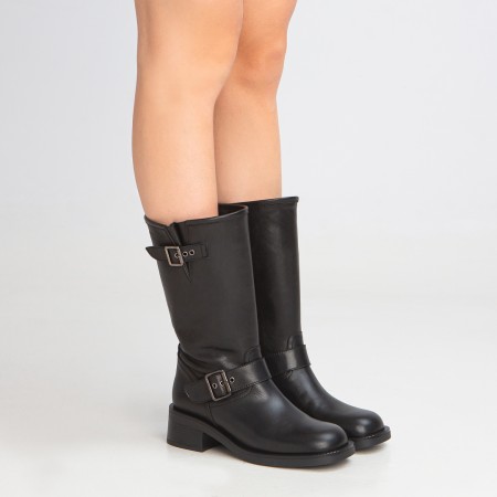 Black leather mid-calf boot Biker