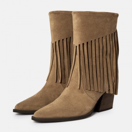 Gired suede leather fringed cowboy booties